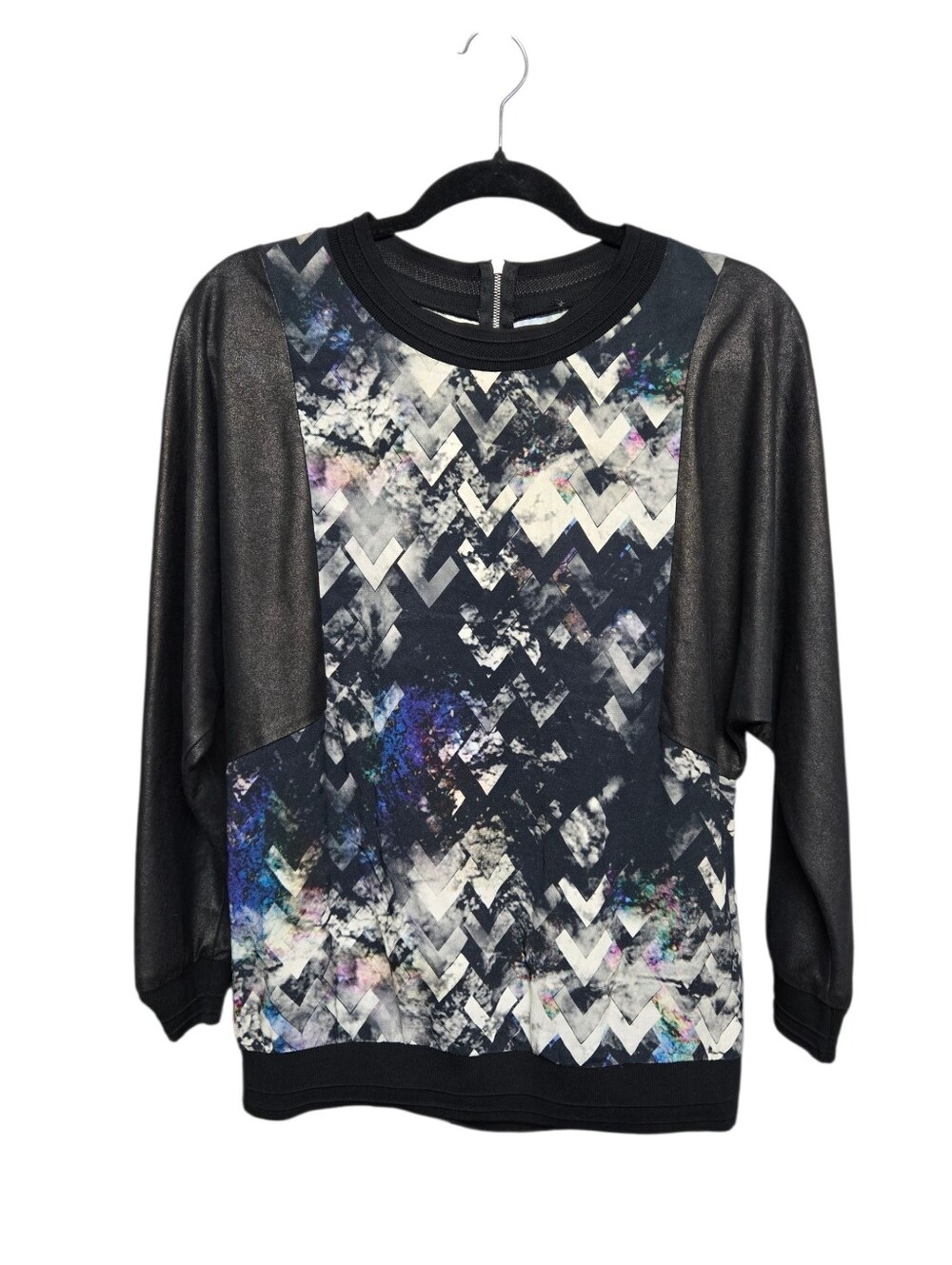Sandro Paris Sweatshirt Top Geometric Chevron Print Metallic Faux Leather Sz 1 - Picture 1 of 11